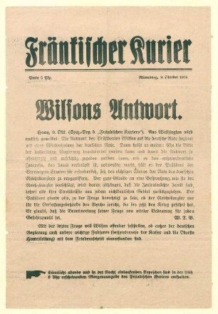 Fränkischer Kurier mit Wilsons Antwort zu Waffenstillstands- und Friedensverhandlungen.