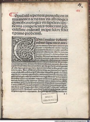 Opusculu[m] repertorii pronosticon in mutationes aeris : tam via astrologica q[uam] metheorologica ...