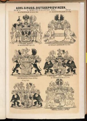 Taf. 18. Gf. Lütke, Russ. Grf. 28.X / 9.XI.1866. - Gf. Mannteuffell, R.-Grf. 27.4.1759. - Gf. Medem, R. Grf. 16/9.1779. - Gf. Mellin I, Schwed. Grf. 26.8.1696. - Grf. Mellin, II, n. d. Reichs-Grf.-Dipl. v. 6. Aug. 1696. - Gf. Mengden, R.-Grf. 22.6.1774