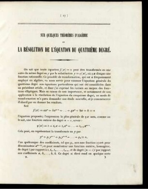 Sur quelques théorèmes d´algèbre et la résolution de l´équation du quatrième degré.