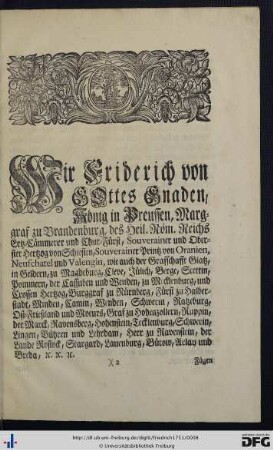 Wir Friderich von Gottes Gnaden, König in Preussen ...