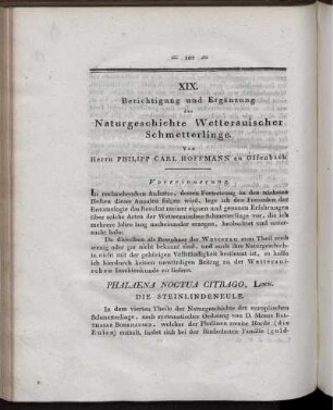 XIX. Berichtigung und Ergänzung der Naturgeschichte Wetterauischer Schmetterlinge.