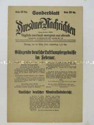 Nachrichtenblatt der Tageszeitung "Dresdner Nachrichten" mit Kurzmeldungen von verschiedenen Kriegsschauplätzen