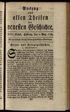 XXXI. Stück. Coburg, den 2. Aug. 1758.