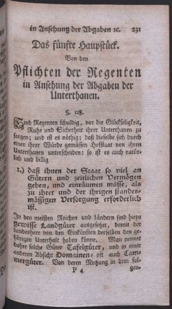 Das fünfte Hauptstück. Von den Pflichten der Regenten in Ansehung der Abgaben der Unterthanen.