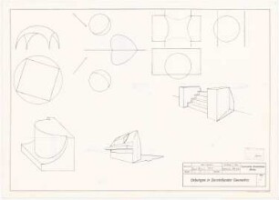 Übungen in Darstellender Geometrie Bl. 5: Perspektivische Ansichten, Fluchtpunktperspektiven geometrischer Körper, Treppen, Gebäude