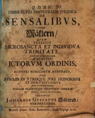 Dissertatio Inavgvralis Jvridica De Sensalibvs, vulgò Maeklern