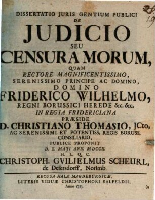 Dissertatio Juris Gentium Publici De Judicio Seu Censura Morum