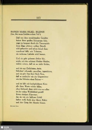 Rainer Maria Rilke: Bildnis : (Aus „Der neuen Gedichte anderer Teil“)