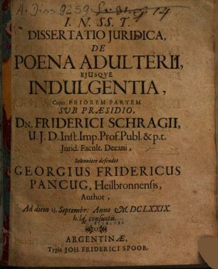 Dissertatio Iuridica De Poena Adulterii Eiusque Indulgentia