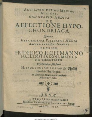 Disputatio Medica De Affectione Hypochondriaca