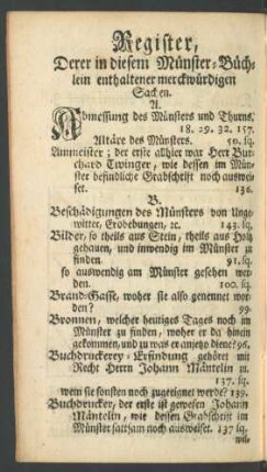 Register, Derer in diesem Münster-Büchlein enthaltener merckwürdigen Sachen