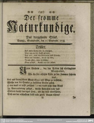 Der fromme Naturkundige. Das dreyzehende Stück. Dantzig, Sonnabends, den 20. Septembr. 1738