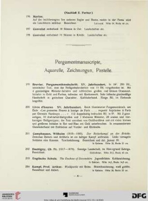 Pergamentmanuscripte, Aquarelle, Zeichnungen, Pastelle (Nr. 199-211)