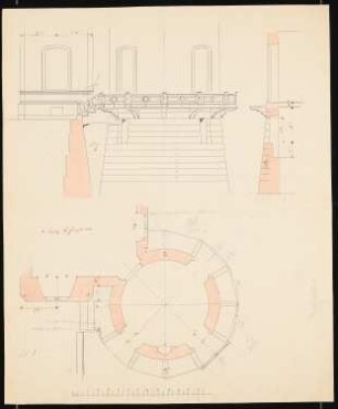 Schloss Schlemmin: Detail Turmsockel: Ansicht, Grundriss, Schnitt