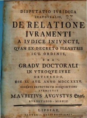 Disp. iur. inaug. de relatione iuramenti a iudice iniuncti