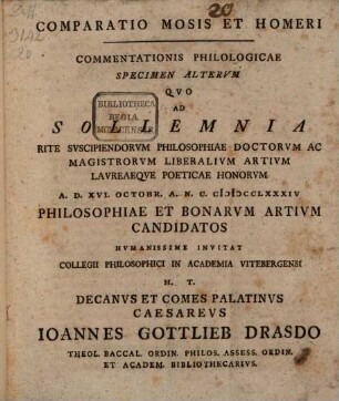Comparatio Mosis et Homeri : Commentationis Philologicae Specimen Altervm. Specimen Altervm