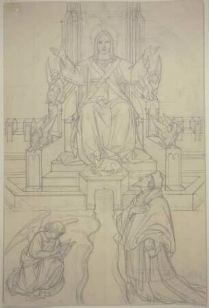 Thronender Christus mit dem Heiligen Johannes von Nepomuk und einem schreibenden Engel