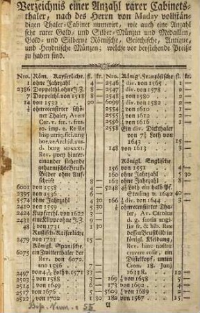 Verzeichnis einer Anzahl rarer Cabinetsthaler : nach des Herrn von Maday vollständigen Thaler-Cabinet numerirt, wie auch eine Anzahl sehr rarer Gold- und Silber-Münzen und Medaillen, Gold-und silberne römische, griechische, antique und heydnische Münzen ; welche vor bestehende Preiße zu haben sind, [2]