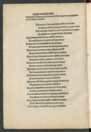 Baptiste Mantuani Carmelite Theologi de contemnenda morte feliciter incipit.