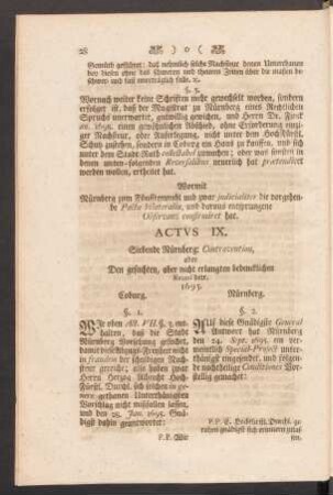 Actus IX. Siebende Nürnberg: Contravention, oder Den gesuchten, aber nicht erlangten bedencklichen Recess betr. 1695.