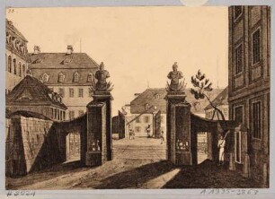 Blatt 33 aus "Dresdens Festungswerke im Jahre 1811" vor der Demolierung: Das Seetor von der Seestraße nach Süden, Toranlage 1747/48 von Maximilian von Fürstenhoff