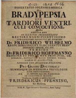 Dissertatio Solennis-Medica De Bradypepsia Sive Tardiori Ventriculi Concoctione
