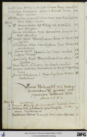 [fol. 182] Rektorat Ulrich Holzapfel 1582