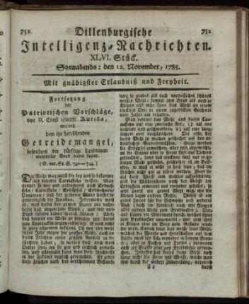 XLVI. Stück. Sonnabends: den 12. November, 1785.
