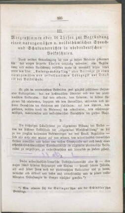III. Morgenstimmen oder 16 Thesen zur Begründung eines naturgemäßen u. volksthümlichen Sprach- und Schulunterrichts in niederdeutschen Volksschulen.