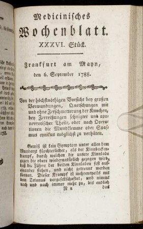 XXXVI. Stück. Frankfurt am Mayn, den 6. September 1788. - XXXIX. Stück. Frankfurt am Mayn, den 27. September 1788.
