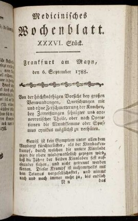 XXXVI. Stück. Frankfurt am Mayn, den 6. September 1788. - XXXIX. Stück. Frankfurt am Mayn, den 27. September 1788.