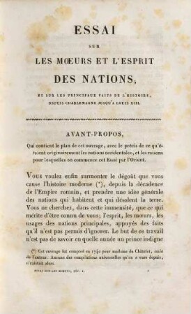 Essai sur les moeurs et l'esprit des nations, Tome premier