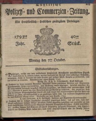 40tes Stueck, Montag den 7ten October 1793