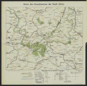 Plan und Umgebungskarte mit Einträgen zum Grundbesitz von Zittau , 1:10 000 u. 1:112 500, Lithographie, 1904 : 1. Plan von Zittau / nach Plänen des Stadtbauamtes. Bearb. von R. Müller. - 1:10 000. - Zittau : Haupt u. Schwager, 1904. - 1 Kt. : Lithogr. ; 38 x 28 cm +++ 2. Karte des Grundbesitzes der Stadt Zittau / Gez. von R. Müller. - Rev. 1904. - 1:112 500. - Zittau : Haupt u. Schwager, 1904. - 1 Kt. : dreifarb. Lithogr. ; 36 x 30 cm