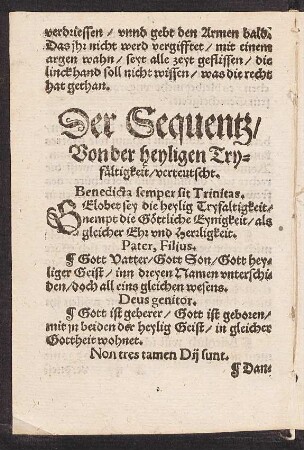 Der Sequentz/ || Von der heyligen Try=||fæltigkeit/ verteutscht. ||