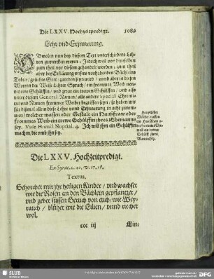 Die LXXV. Hochzeitpredigt. Ex Syrac.c.40.v.17.18