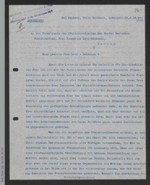 Abschrift Brief von Helene Lange an Josephine Levy-Rathenau