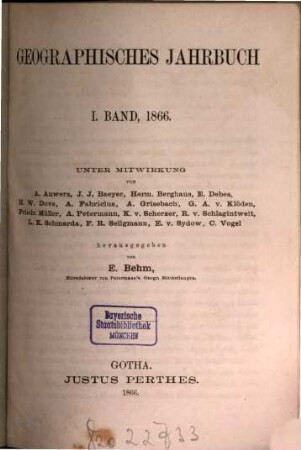 Geographisches Jahrbuch. 1. 1866