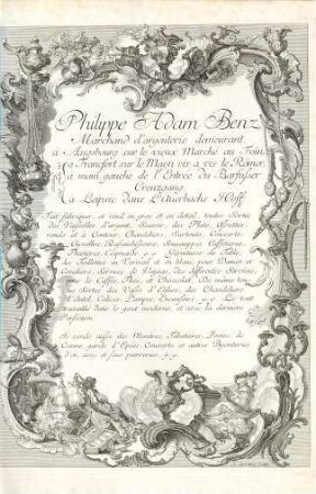 Philippe Adam Benz, Marchand d'argenterie demeurant. a Augsbourg sur le vieux Marché au Foin ... : [Geschäftsanzeige des Augsburger Juweliers]