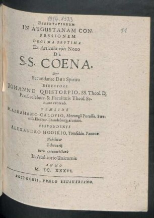 Disputationum In Augustanam Confessionem Decima Septima Ex Articulo eius Nono De S.S. Coena