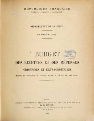 Budget des recettes et des dépenses. 1890