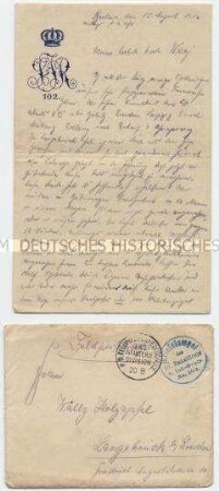 Feldpostbrief an seine Frau aus den ersten Tagen des 1. Weltkrieges - Personenkonvolut