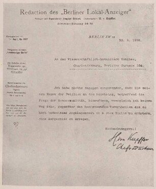 Abbildung eines Briefs an das Wissenschaftlich-humanitäre Komitee