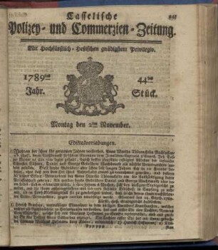 44tes Stueck, Montag den 2ten November. 1789
