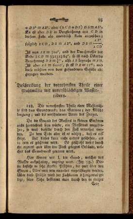 Beschreibung der vornehmsten Theile einer Mahlmühle mit unterschlächtigen Wasserrädern.