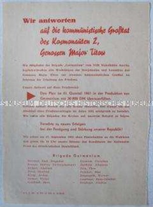 Propagandaflugblatt einer Brigade der Nickelhütte Aue zum Weltraumflug von German Titow