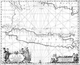 Insulae Iavae cum parte insularum Borneo Sumatrae .... Karte ca. 1:2,5 Millionen von Peter Schenk und Gerard Valk. Stich mit Flächencolorit; 41,8 x 51,5 cm. Amsterdam, um 1700. Dresden: SLUB Tab.geogr.B.As (A 2991)