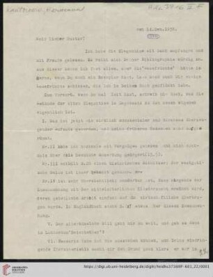Nachlass Gustav Radbruch. Korrespondenz Hermann Kantorowicz/Gustav Radbruch: Brief von Hermann Kantorowicz an Gustav Radbruch
