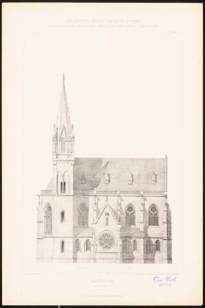 Dorfkirche: Ansicht Längsseite (aus: C. Schäfer, Die Bauhütte, Entwürfe im Stile des Mittelalters, 3. Bd., 1895, Blatt 18)
